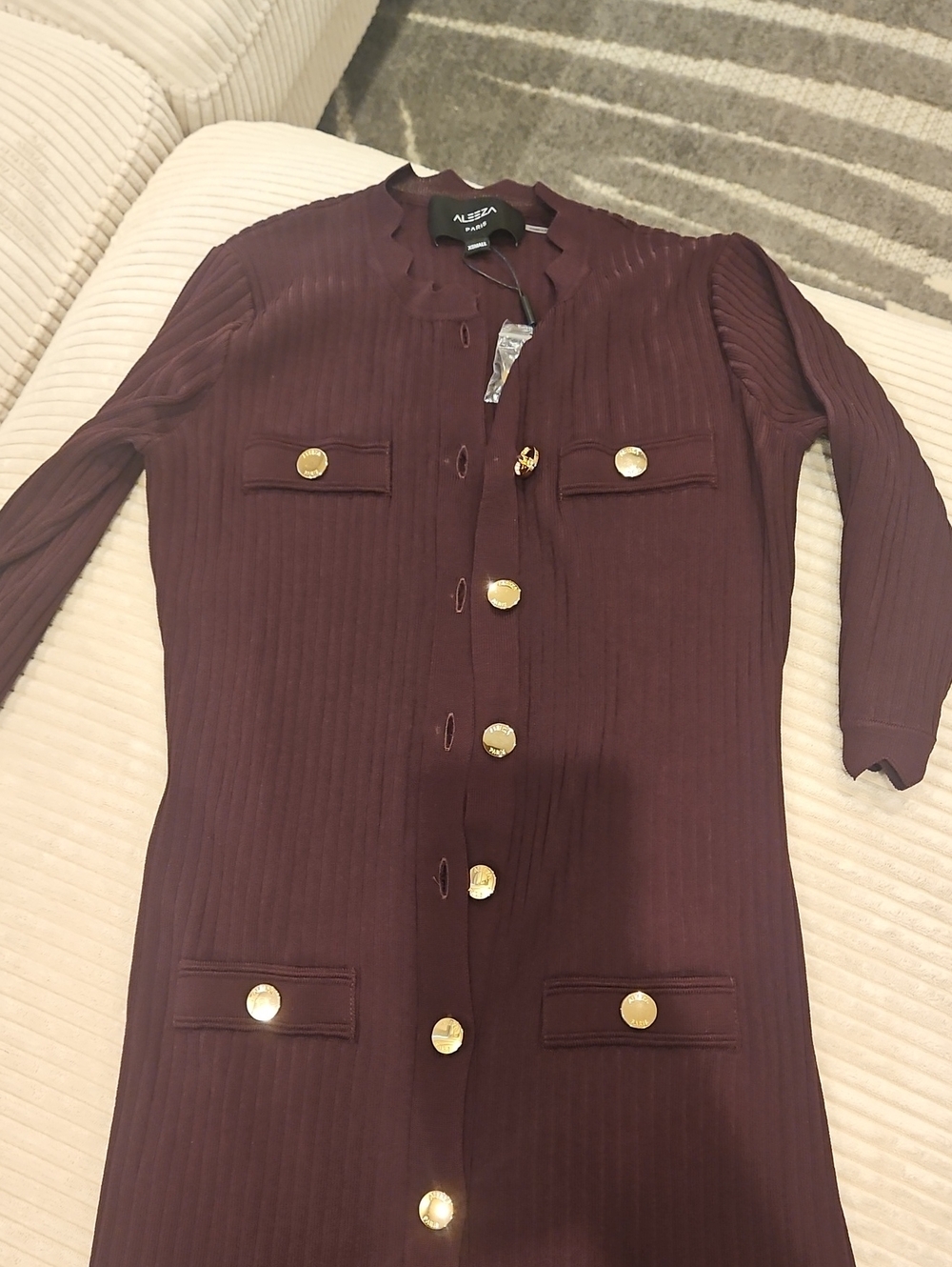 Aleeza Paris Burgundy Ribbed Longline Dress with Gold Buttons